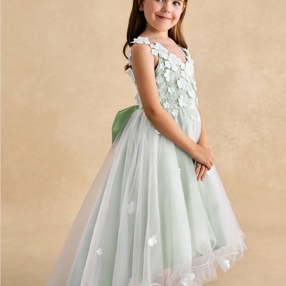 Sage Green Floral Tulle Girls' Dress - Picture 3 of 16